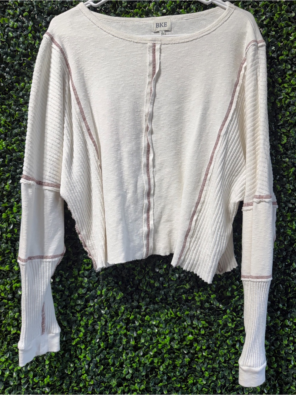 BKE Cream Contrast Stitch Crop Long Sleeve Waffle Knit Thermal Top